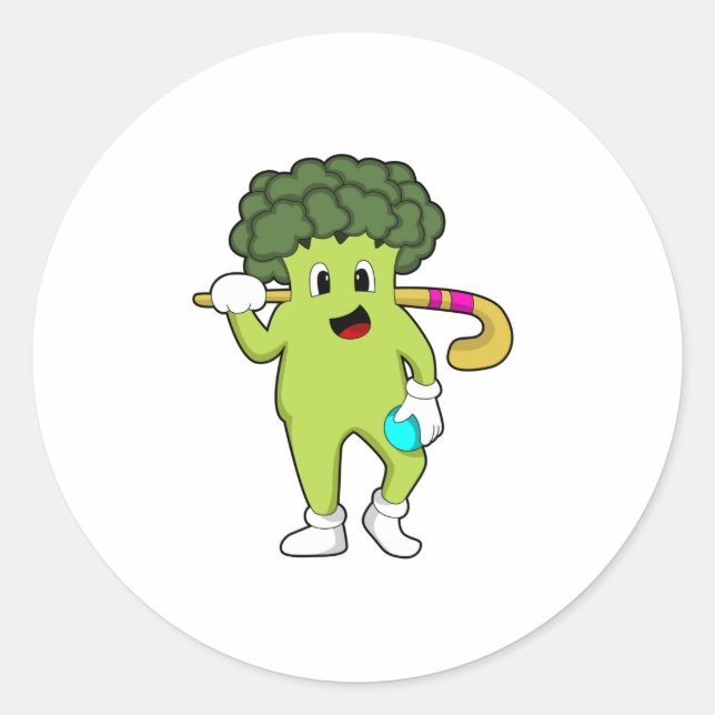 Sticker Rond Broccoli à Hockey avec chauve-souris de hockey (Devant)