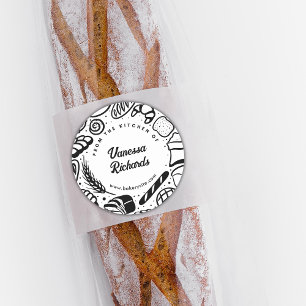 Sticker Rond Brochure moderne Black Doodles Boulangerie Frontiè