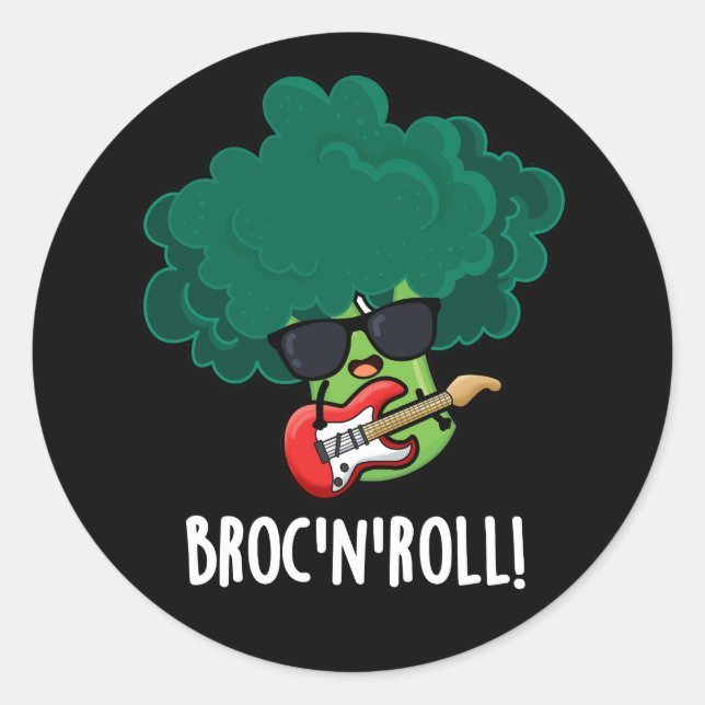 Sticker Rond Brock n Roll Funny Veggie Brocoli Pun Dark BG (Devant)