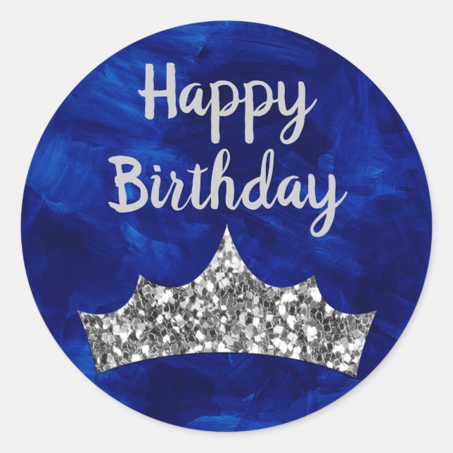 Sticker Rond Brosse à peintures Bleue Royale et Argent Couronne (Devant)