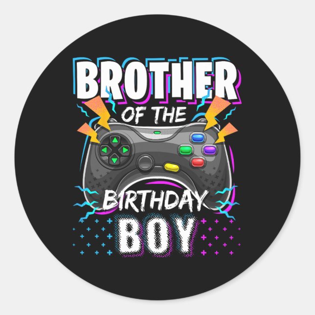 Sticker Rond Brother Of The Birthday Boy Matching Video Game Bi (Devant)