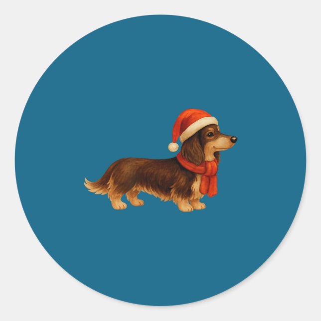 Sticker Rond Brown And Tan Christmas Dachshund Santa Hat  (Devant)