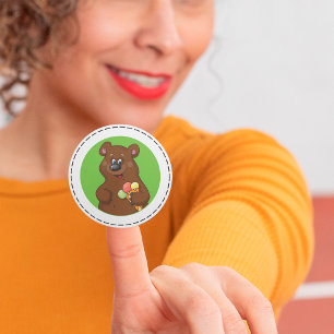 Sticker Rond Brown Bear With Ice Cream