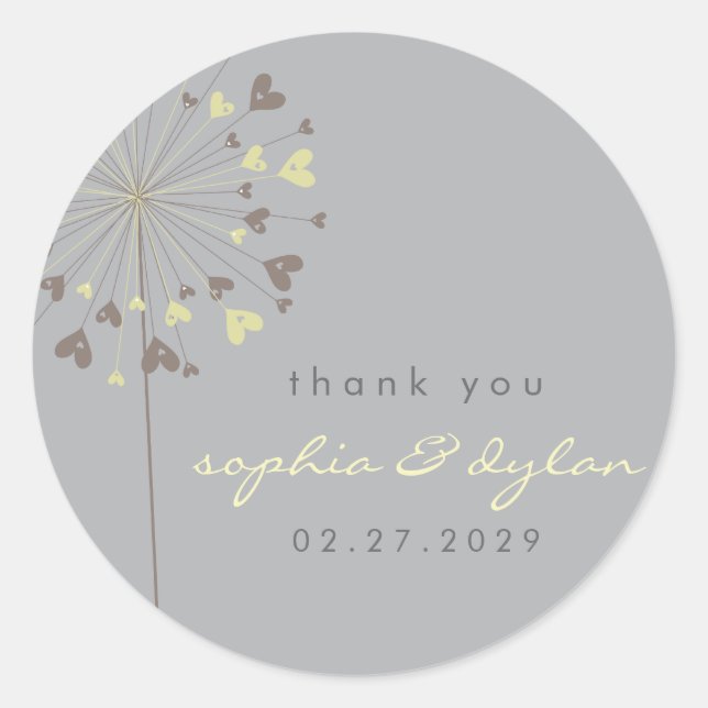 Sticker Rond Brown Dandelion Fleur Amour Coeurs Mariage (Devant)