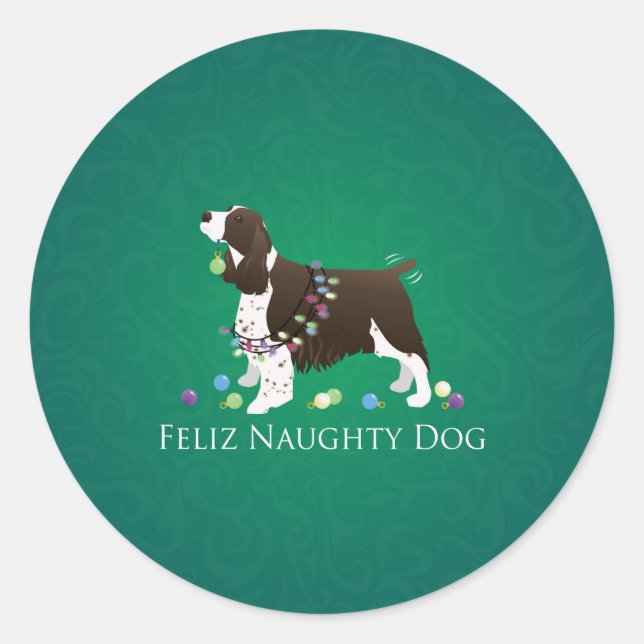 Sticker Rond Brown Springer Spaniel Chien Feliz Naughty Chien (Devant)