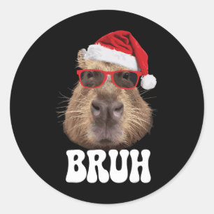 Sticker Rond Bruh Capybyra Funny Santa Hat Noël Casquette