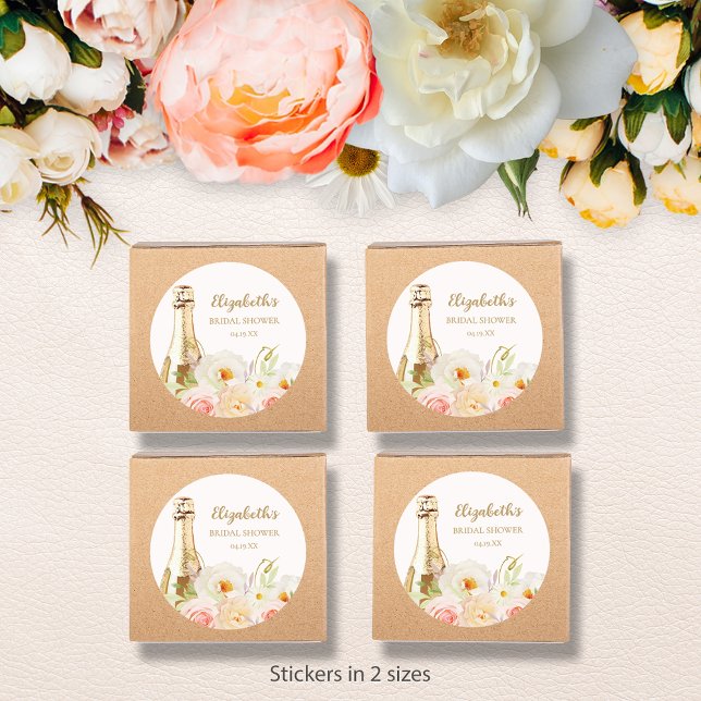 Sticker Rond Brunch & Bubbly Fête des mariées florale (Brunch & Bubbly blush floral bridal shower small round stickers - choose 1-1/2" or 3" )