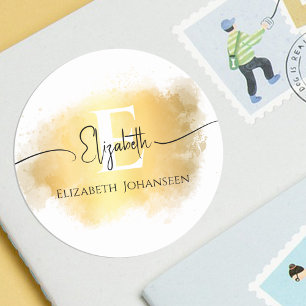 Sticker Rond Brush Gold Stroke Blanc Monogramme Noir Nom du scr