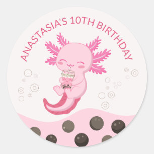 Sticker Rond Bubble rose Axolotl Lait Boba Tea Fête d'anniversa