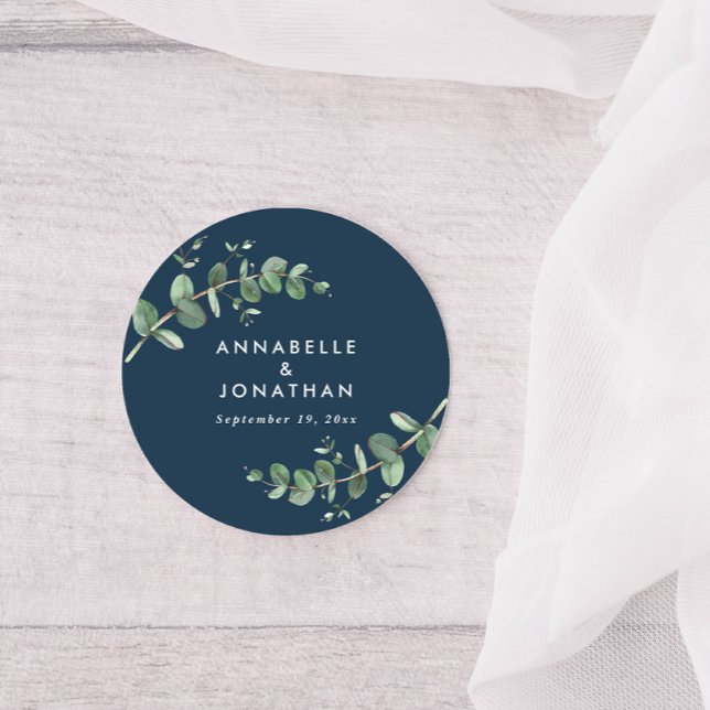 Sticker Rond Budget marine bleu eucalyptus feuillage de mariage (Créateur téléchargé)