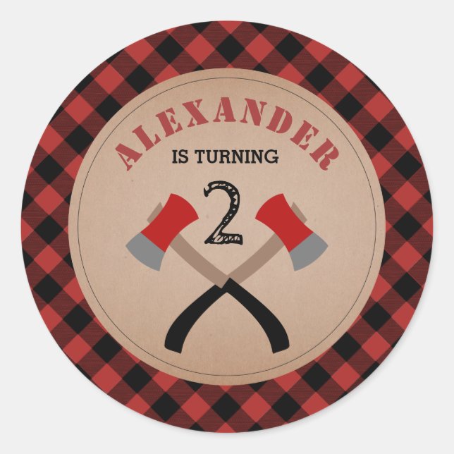 Sticker Rond Buffalo Plaid Ax Lumberjack Anniversaire (Devant)