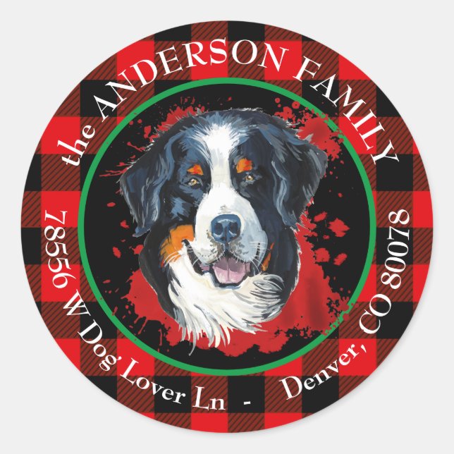 Sticker Rond Buffalo Plaid Bernese Mountain Dog Adresse de reto (Devant)