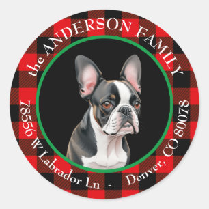 Sticker Rond Buffalo Plaid Boston Terrier Dog Adresse de retour