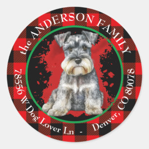 Sticker Rond Buffalo Plaid Miniature Schnauzer Adresse de retou