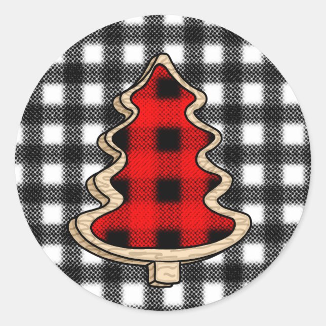 Sticker Rond Buffalo Plaid, Red En vichy sapins de Noël (Devant)
