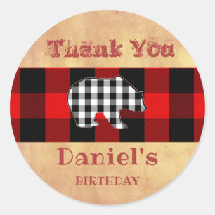 Sticker Rond Buffalo Plaid Red Lumberjack Birthday Bear Favoris