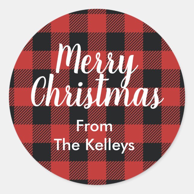Sticker Rond Buffalo Rouge Plaid, Texte Personnalisé (Devant)