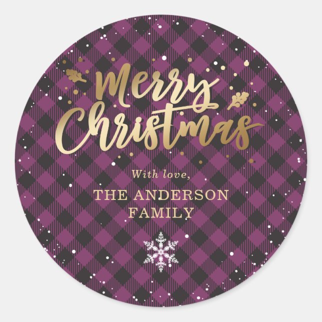 Sticker Rond Buffalo violet Plaid Gold Snow Christmas (Devant)