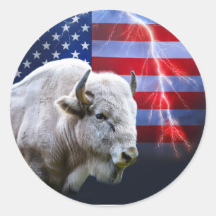 Sticker Rond Buffle Blanc Avec Drapeau Américain Et Éclair