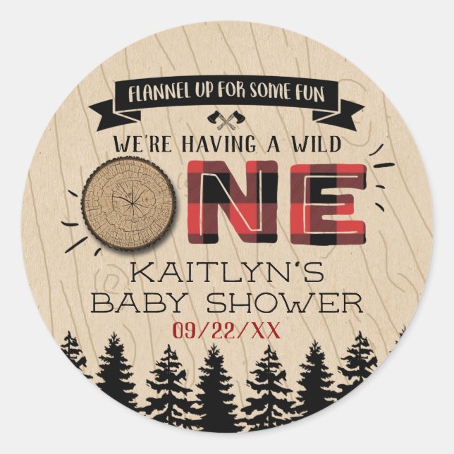 Sticker Rond Buffle de forêt rustique Plaid Wild Un Baby shower (Devant)