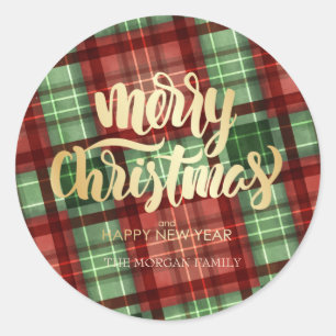 Sticker Rond Buffle rouge vert Plaid Joyeux Noël