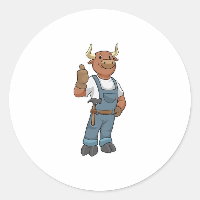 Sticker Rond Bull comme Handyman avec Hammer (Devant)