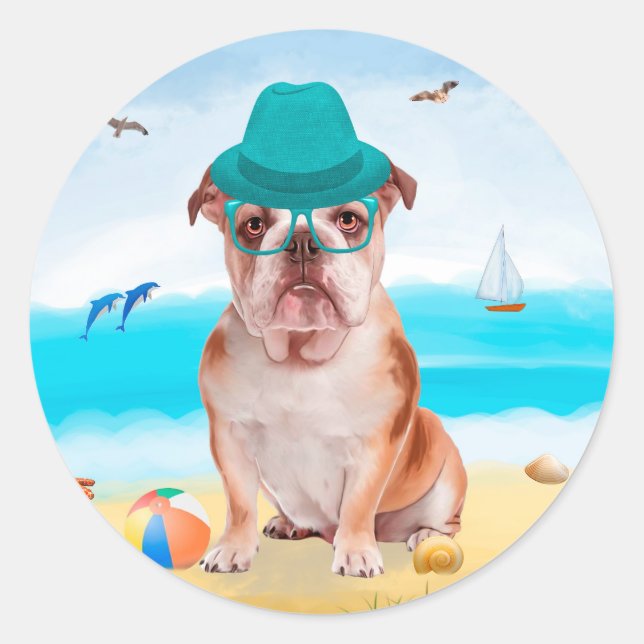 Sticker Rond Bulldog anglais sur la plage (Devant)