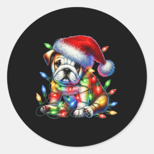 Sticker Rond Bulldog Christmas Lights Santa Hat Amoureux des ch
