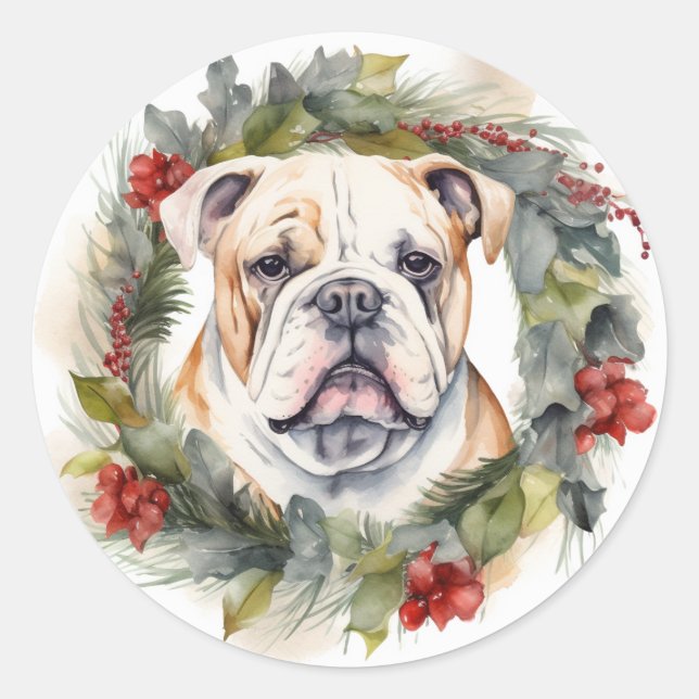 Sticker Rond Bulldog Christmas Wreath Festive Pup (Devant)