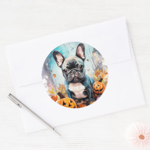 Sticker Rond Bulldog français Halloween avec citrouilles effray