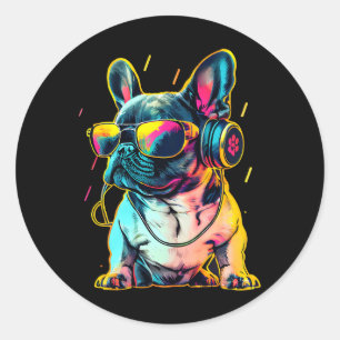Sticker Rond Bulldog français Rétrowave avec casque et Sungl