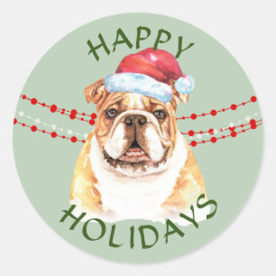 Sticker Rond Bulldog Santa Hat Joyeuses Fêtes