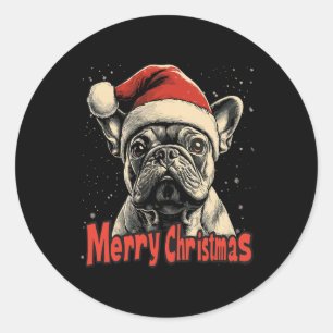 Sticker Rond Bulldog Santa Hat Joyeux Noël Noël Amoureux des ch