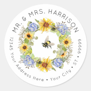 Sticker Rond Bumble Bee Sunflower Hydrangea Floral Adresse Clas