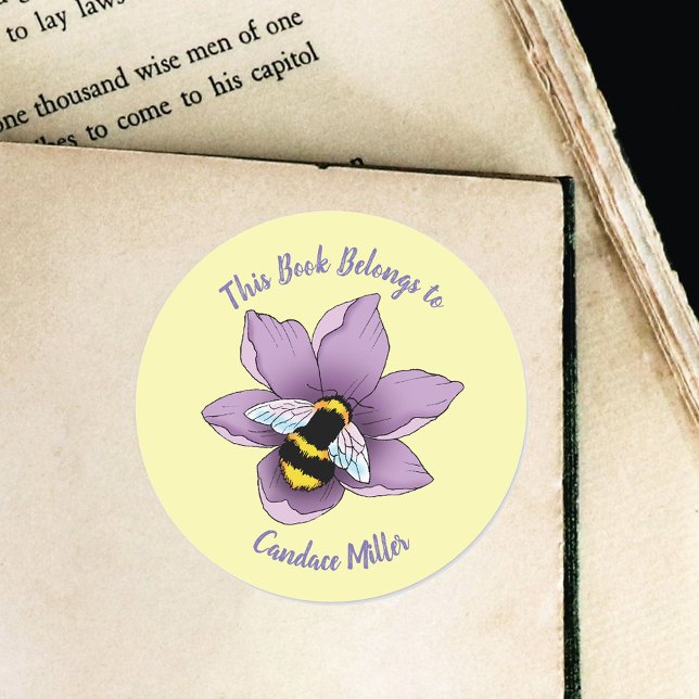 Sticker Rond Bumblebee Lavender Flowers Jaune Plaque-livre (Créateur téléchargé)