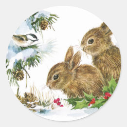 Sticker Rond Bunnies et oiseaux Profitez de la neige