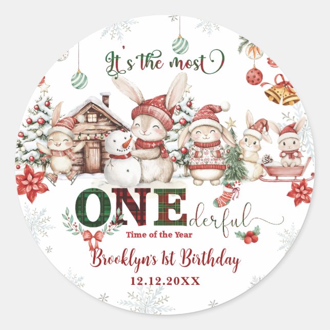 Sticker Rond Bunnies Winter ONE derland Noël 1er anniversaire (Devant)