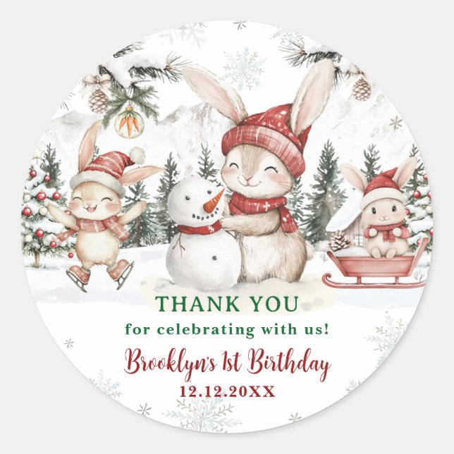 Sticker Rond Bunnies Winter ONE derland Noël 1er anniversaire (Devant)
