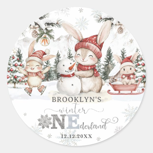 Sticker Rond Bunnies Winter ONE derland Noël 1er anniversaire (Devant)