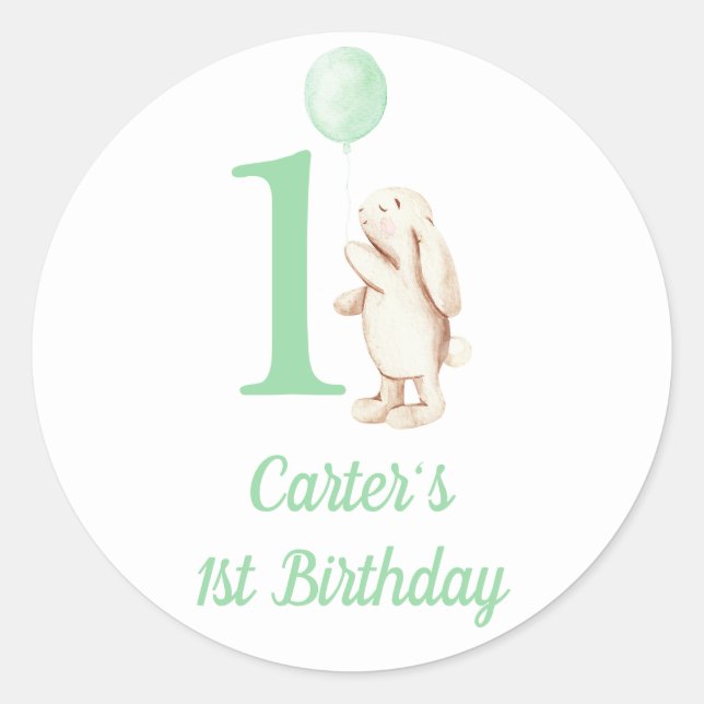 Sticker Rond Bunny & Balloon Vert 1er anniversaire (Devant)
