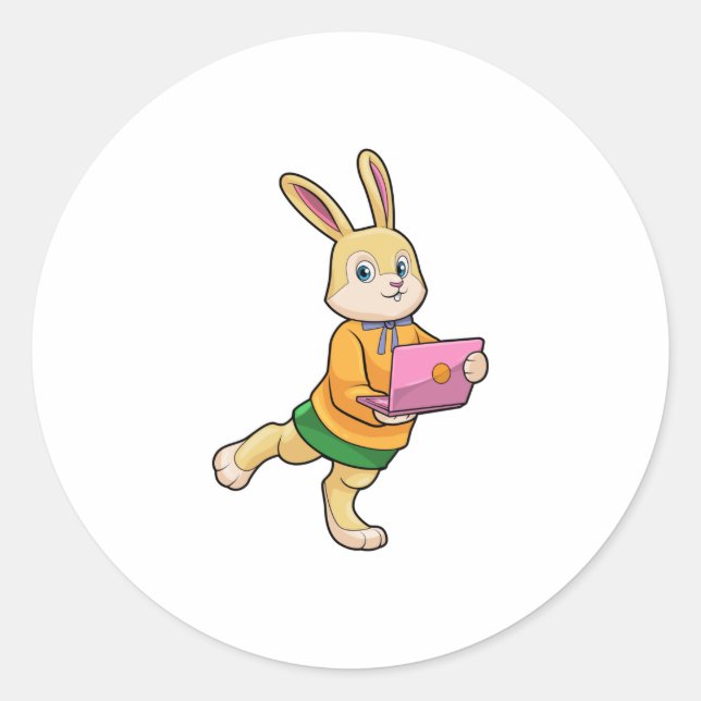 Sticker Rond Bunny comme secrétaire avec ordinateur portable (Devant)