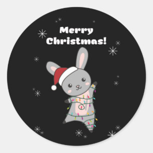 Sticker Rond Bunny Merry Christmas Winter Animals Rabbits