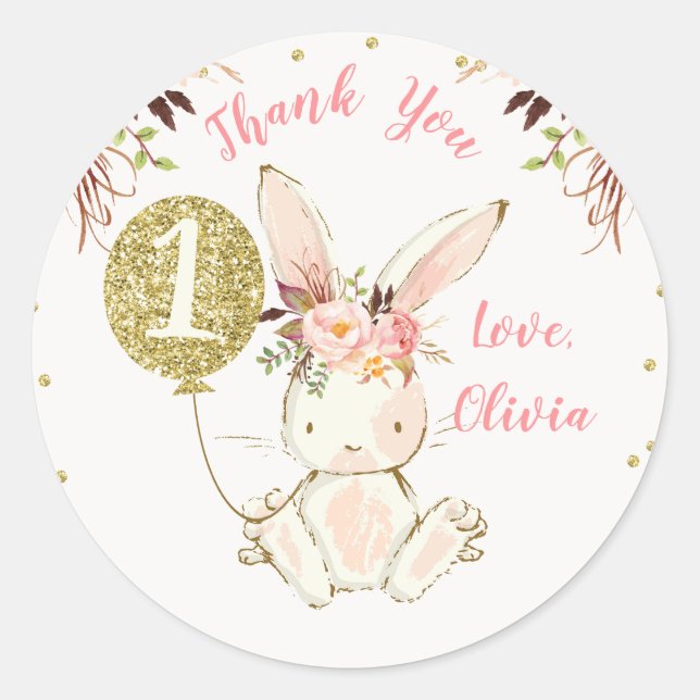 Sticker Rond Bunny parties scintillant balle merci 1er annivers (Devant)