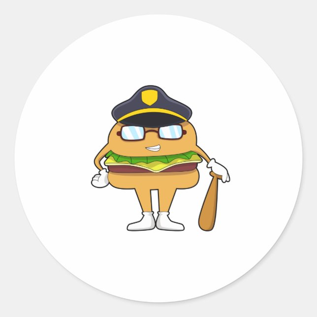 Sticker Rond Burger en tant que policier avec casquette de poli (Devant)