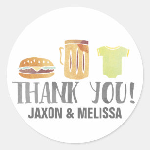Sticker Rond Burgers, bière et Merci bébé