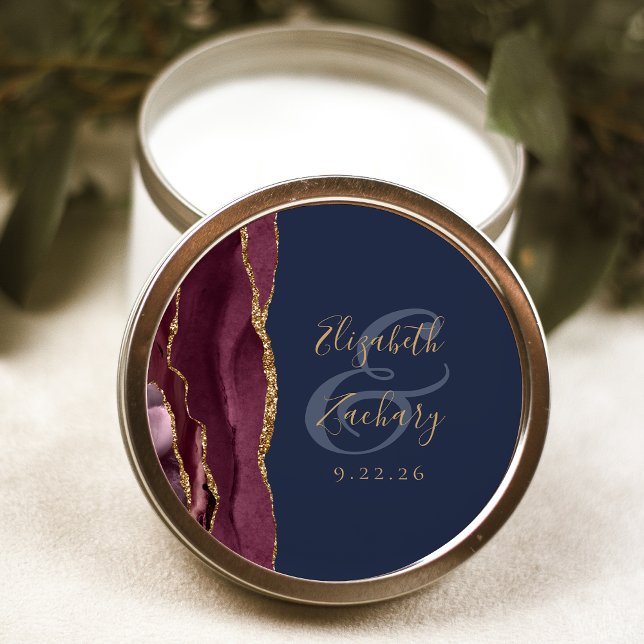 Sticker Rond Burgundy Agate Navy Blue Gold Script Mariage (Créateur téléchargé)