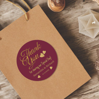 Sticker Rond Burgundy And Gold Thank You Wedding Party Favor   