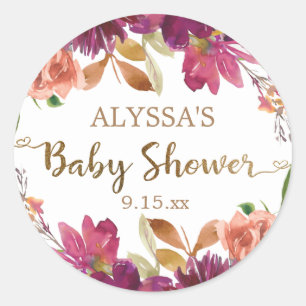 Sticker Rond Burgundy Aquarelle Floral Gold Script Baby shower