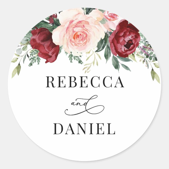 Sticker Rond Burgundy Blush Floral Mariage personnalisé (Devant)