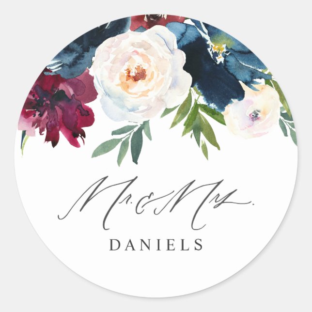 Sticker Rond Burgundy Blush & Navy Floral Mr & Mrs Mariage (Devant)